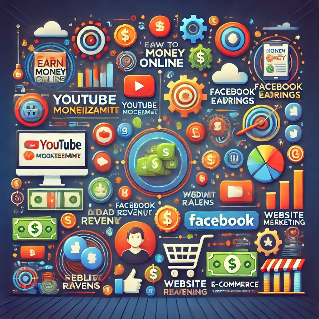 Earn money online, including YouTube, Facebook, and websites, using icons and visuals related to monetization, ads, affiliate marketing, and digital products